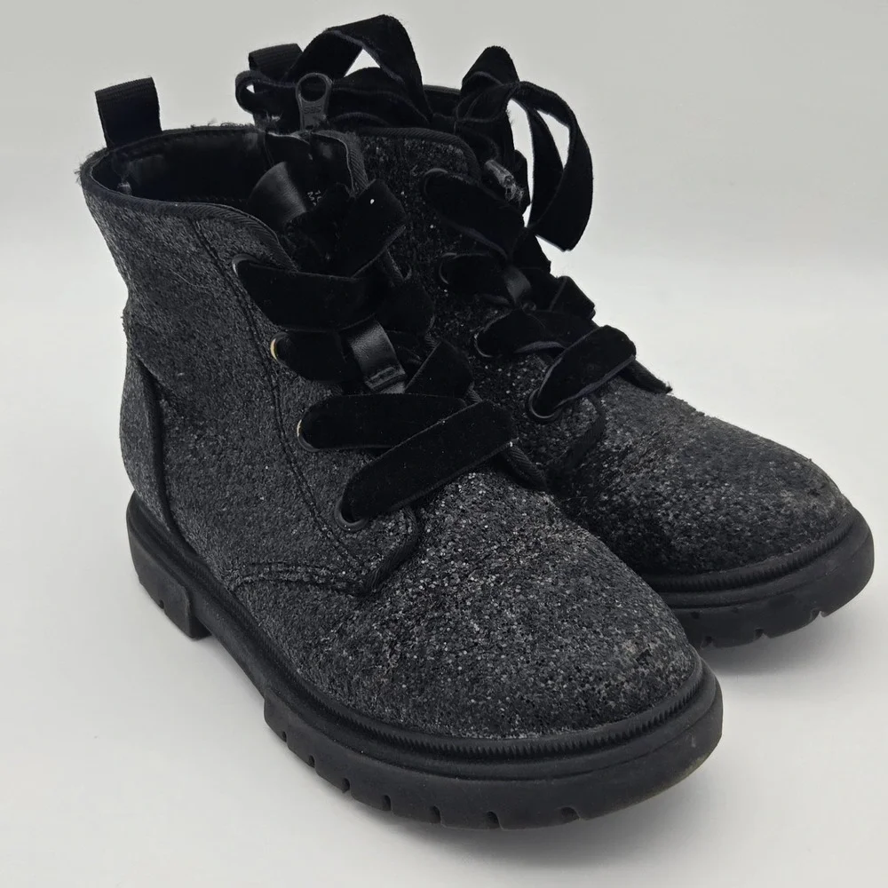 Cat &‎ Jack Girls Black Glitter Combat Boots Side Zip Velvet Laces Size 10